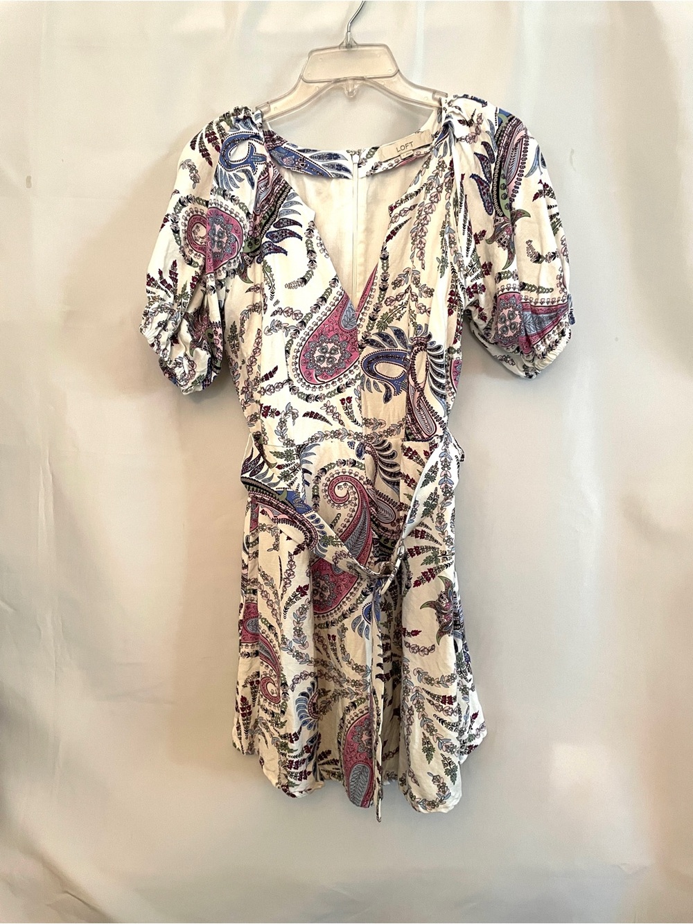 LOFT Cream Paisley Wrap Mini Dress with Pink and Blue Accents